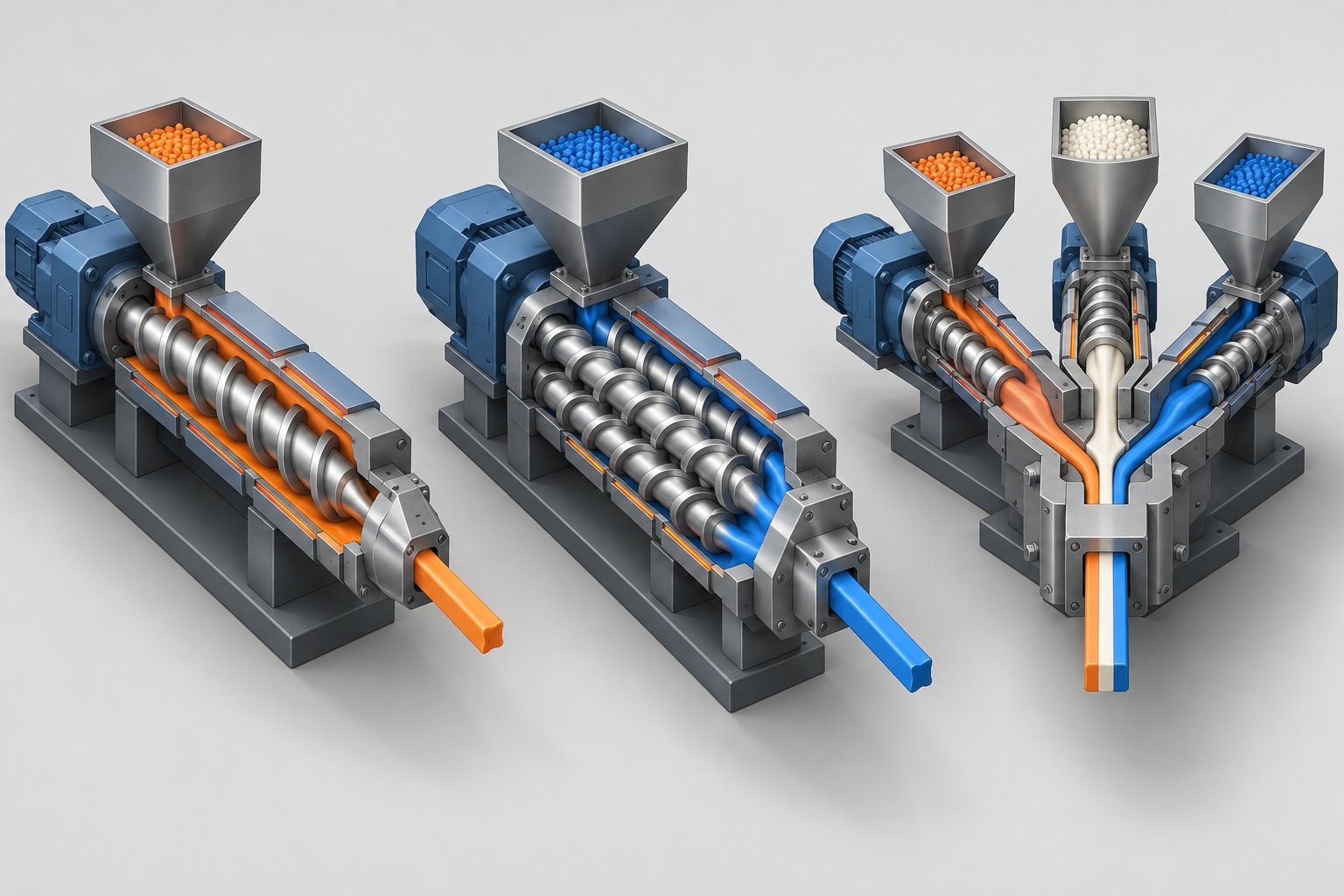 cutaway comparison of single screw twin screw and co extrusion line configurations
