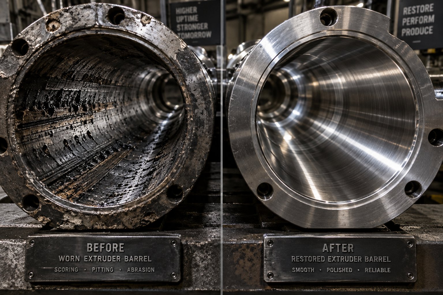 worn versus restored extruder barrel bore surfaces illustrating repair and replacement options
