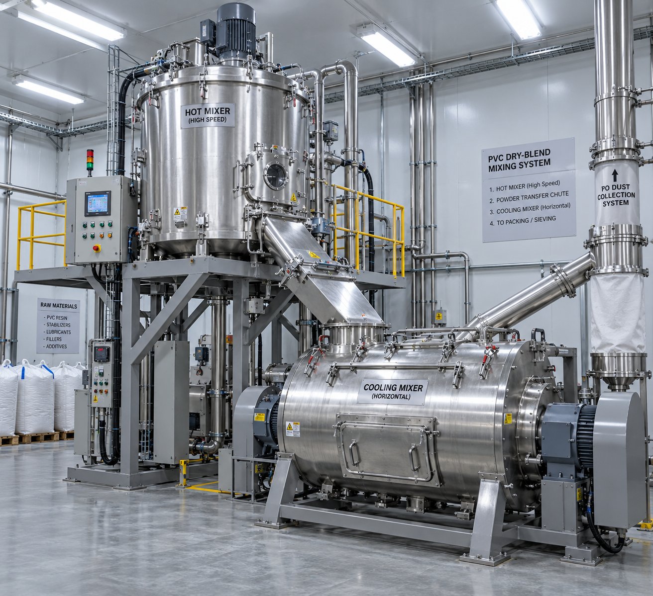 hot cold mixer system for preparing pvc dry blend before extrusion processing