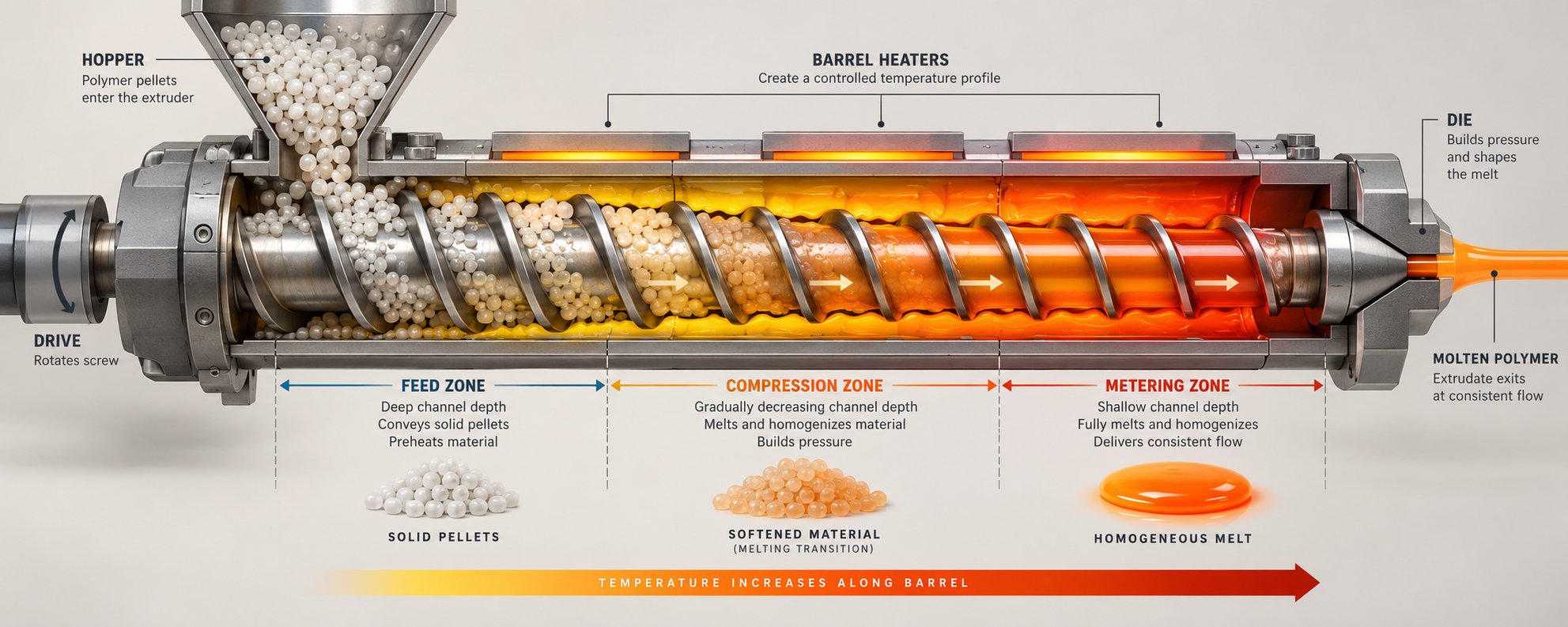 cutaway view of a single screw extruder showing the feed compression and metering zones that transform solid pellets into uniform melt