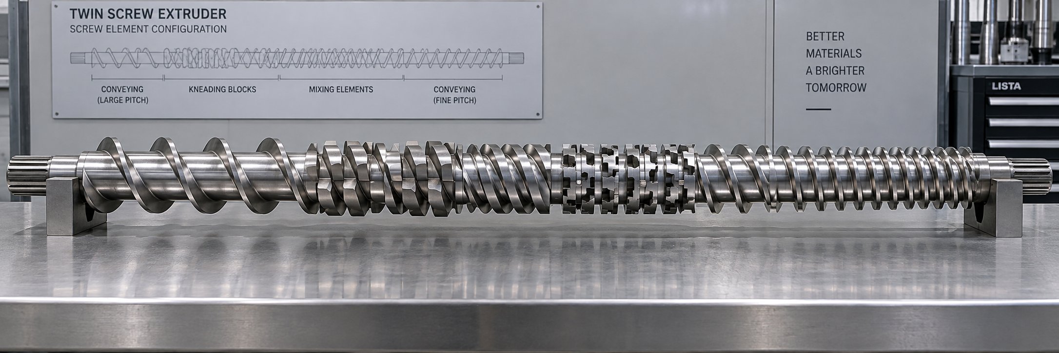 complete screw profile assembly showing the sequential arrangement of conveying elements kneading blocks and mixing elements