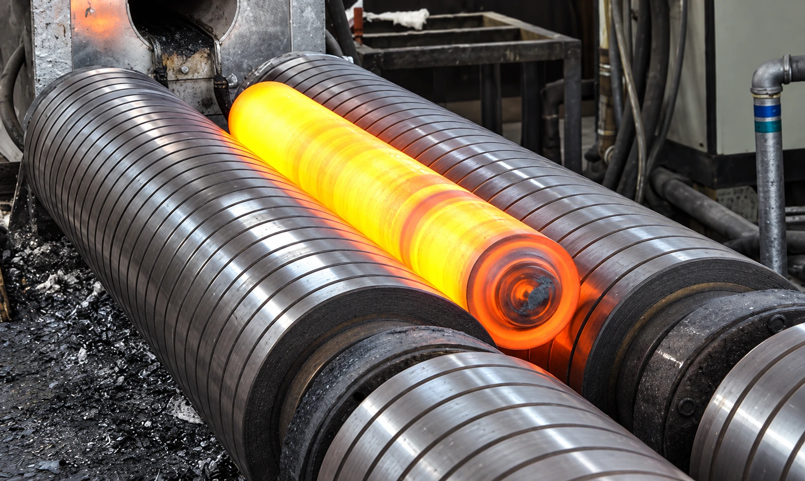 Worker performing precision grinding on industrial roller after spray welding