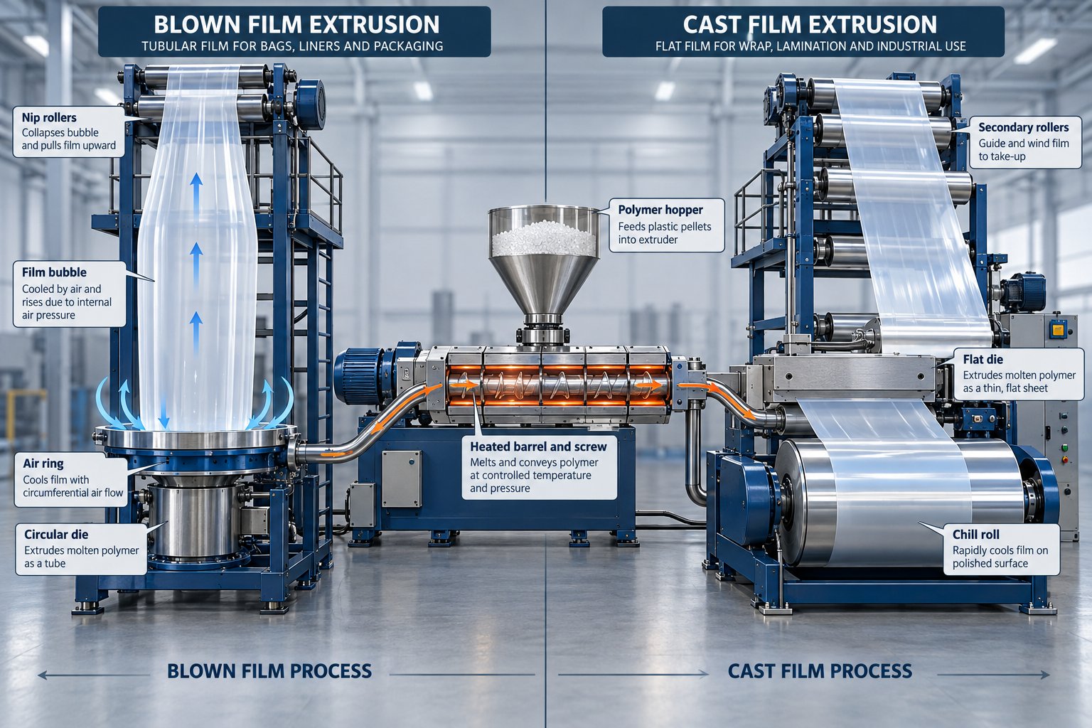 side by side comparison of blown film and cast film extrusion processes