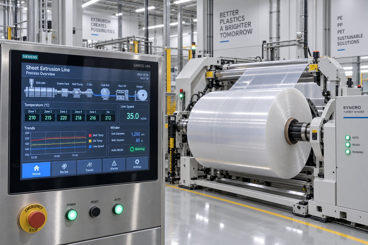 modern plc touchscreen controls and automatic winding station on a pp sheet extrusion line