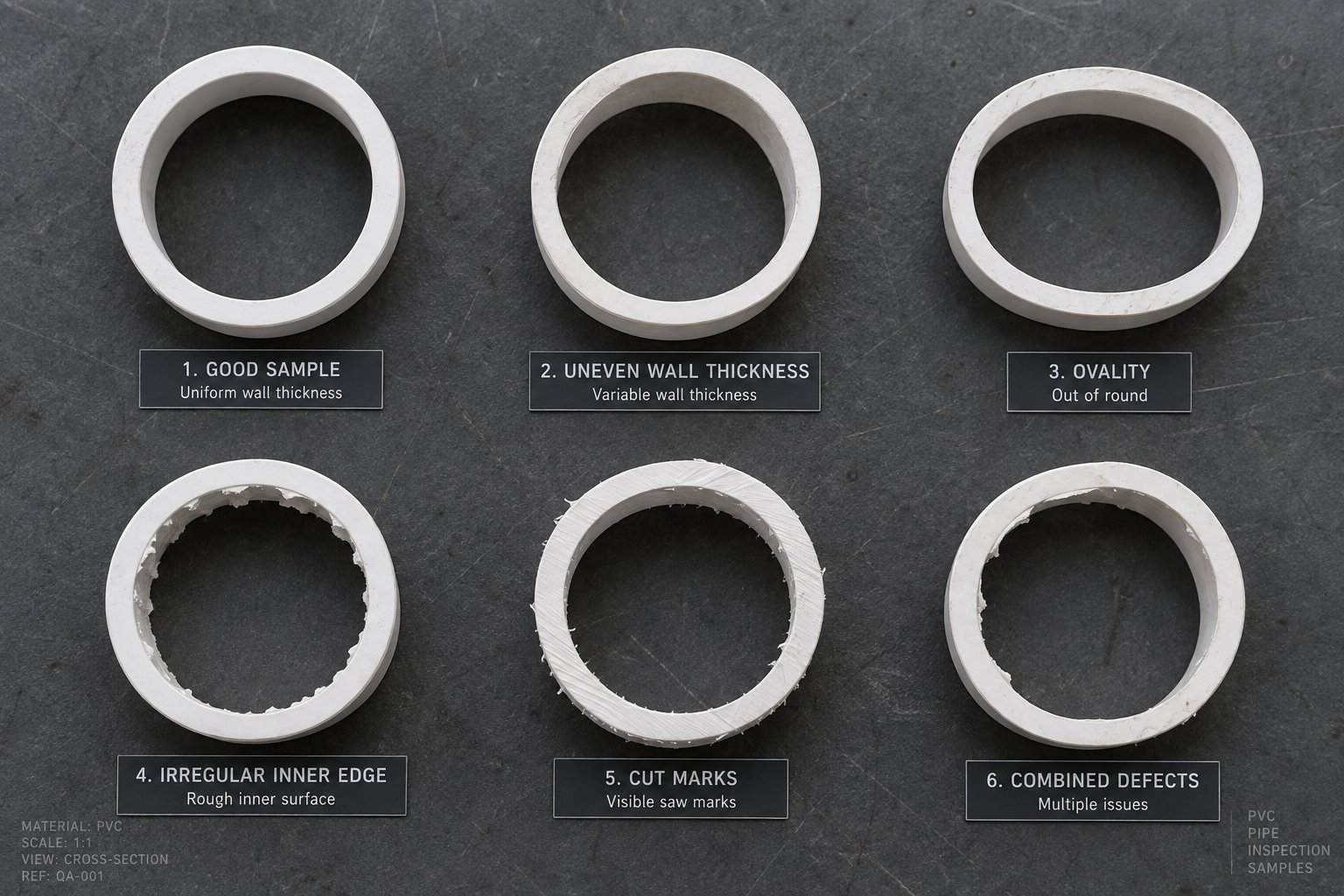 pvc pipe cross sections illustrating uniform versus defective wall thickness for quality inspection