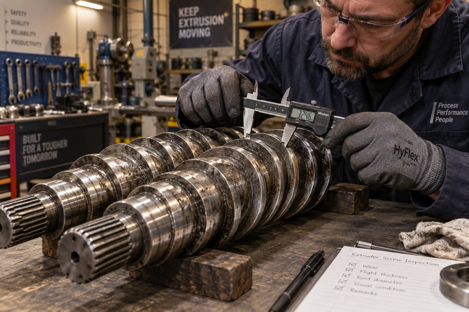 a technician measuring screw flight wear during scheduled maintenance to determine replacement timing