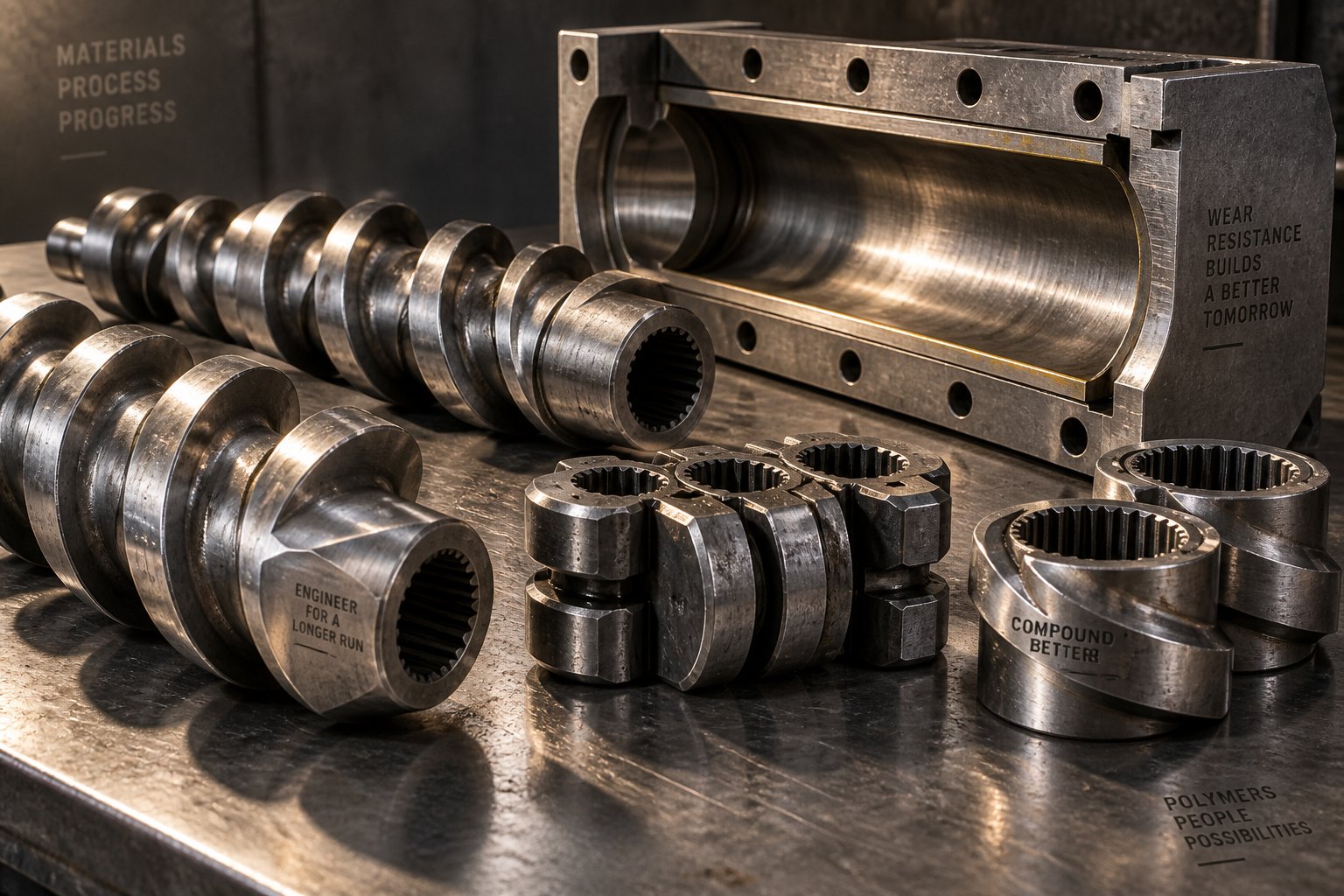 modular twin screw elements and bimetallic barrel segment showcasing wear component quality and metallurgy