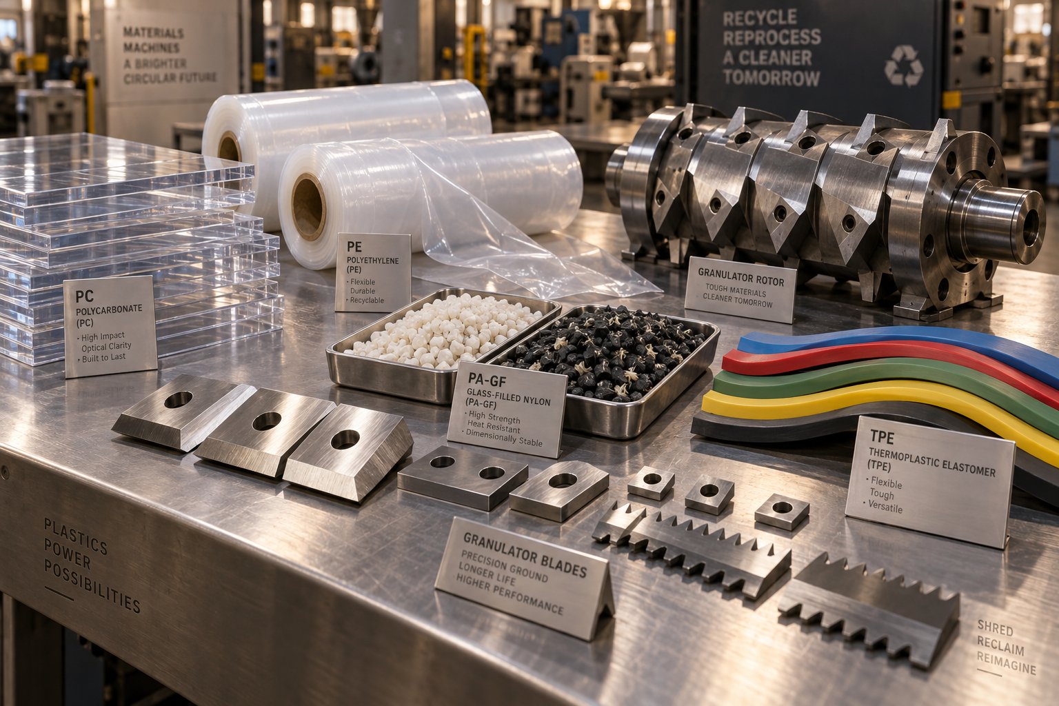 different plastic material types alongside granulator blades highlighting the need to match machine configuration to resin properties