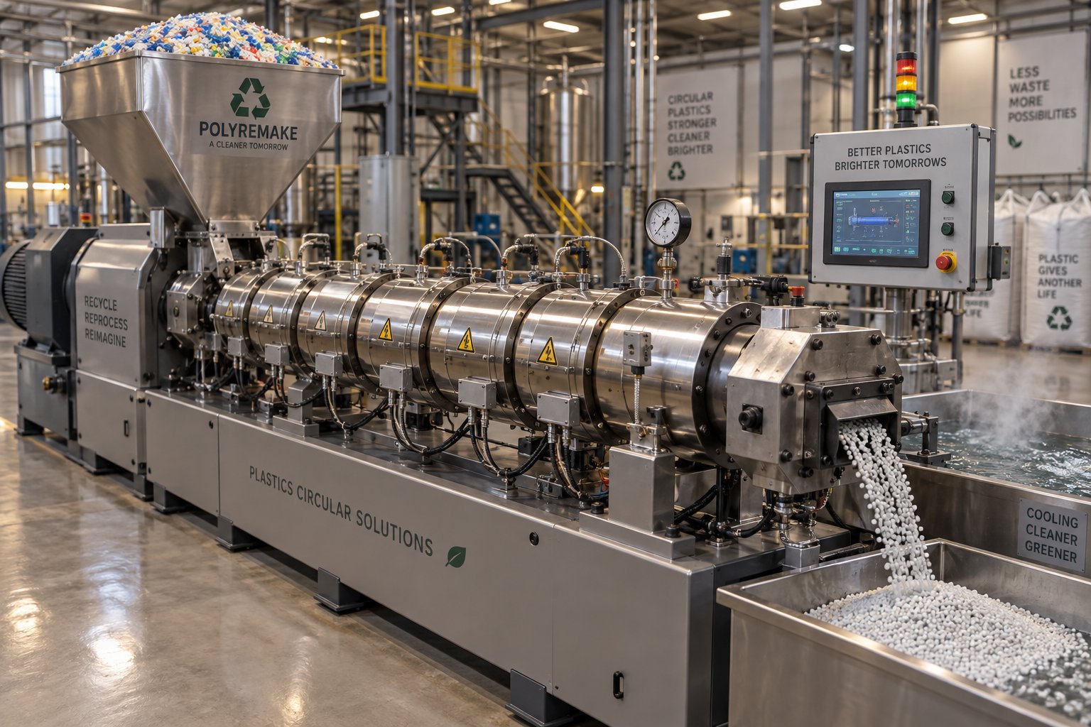 a single screw extruder for recycling converts washed plastic flakes into uniform pellets on a modern production line