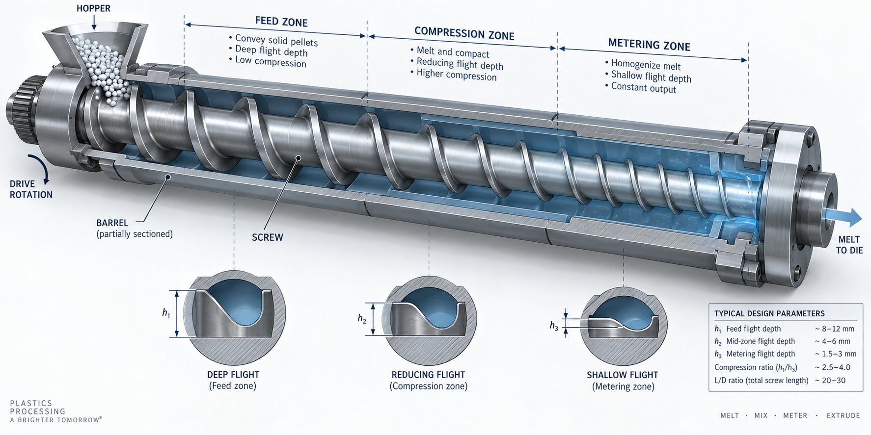 cutaway view showing the feed compression and metering zones of an hdpe extrusion screw