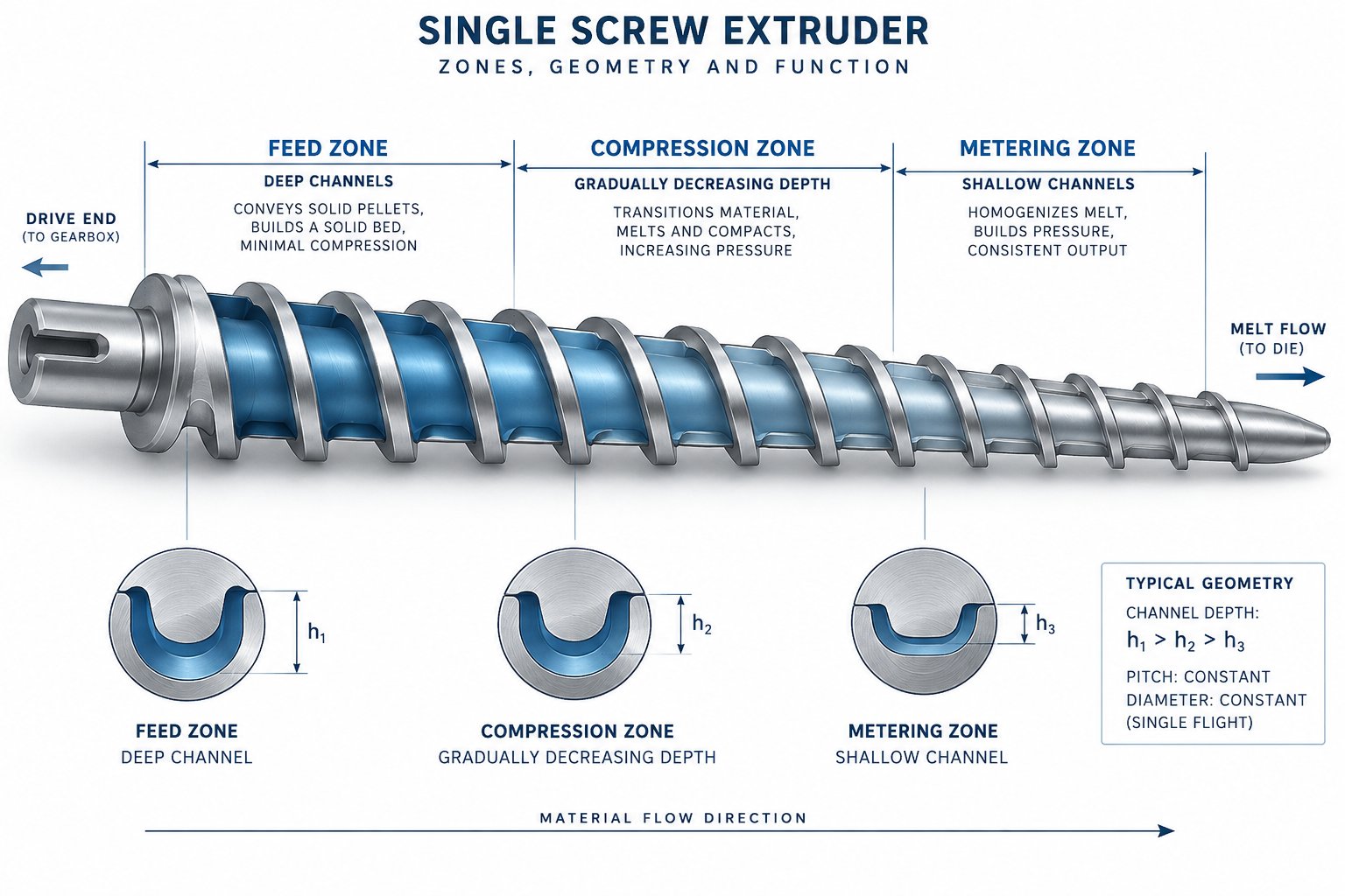 extruder screw zones showing feed compression and metering channel depth variations for pp processing