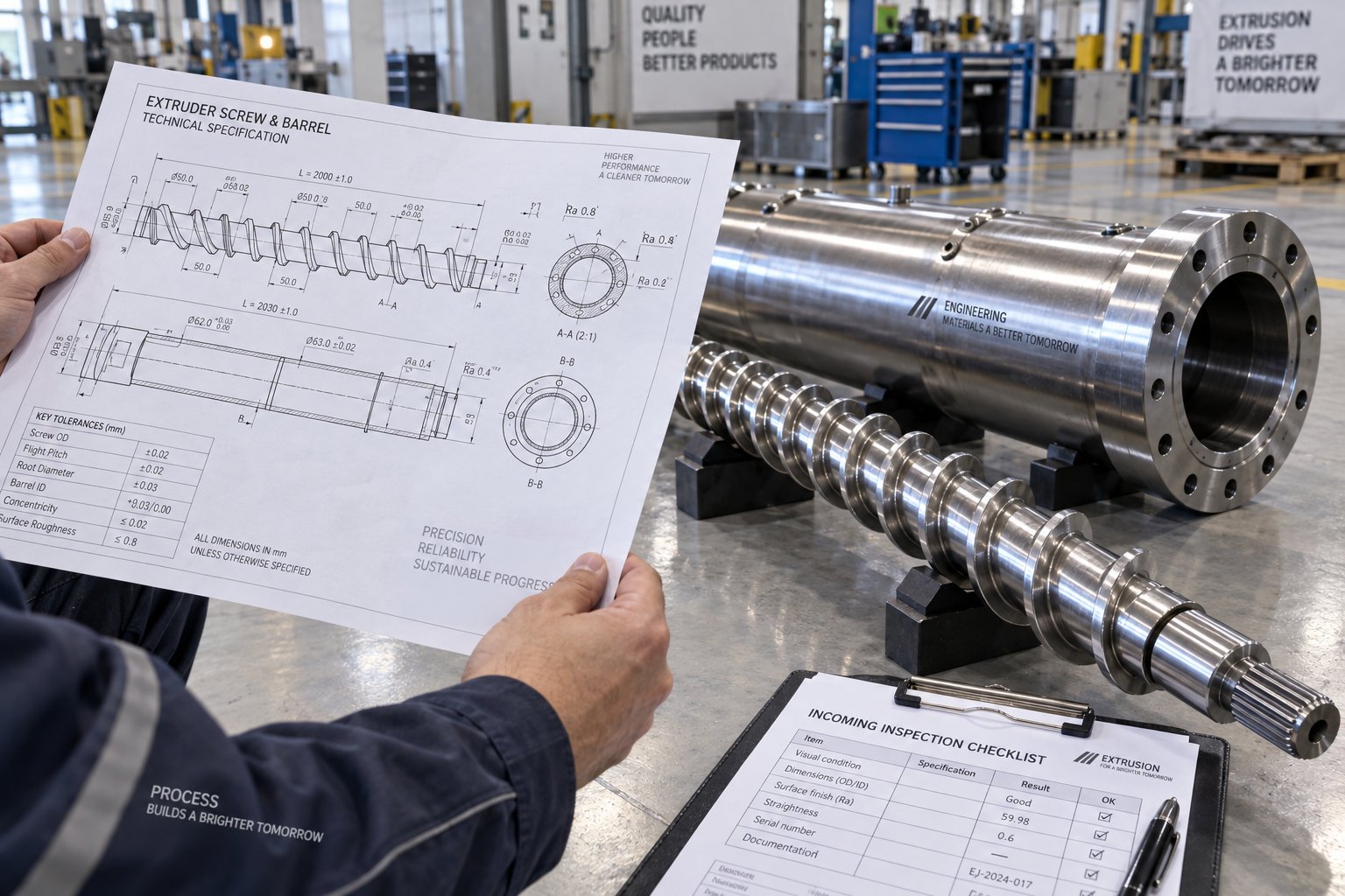 pe processor reviewing screw and barrel specifications before ordering a custom replacement assembly