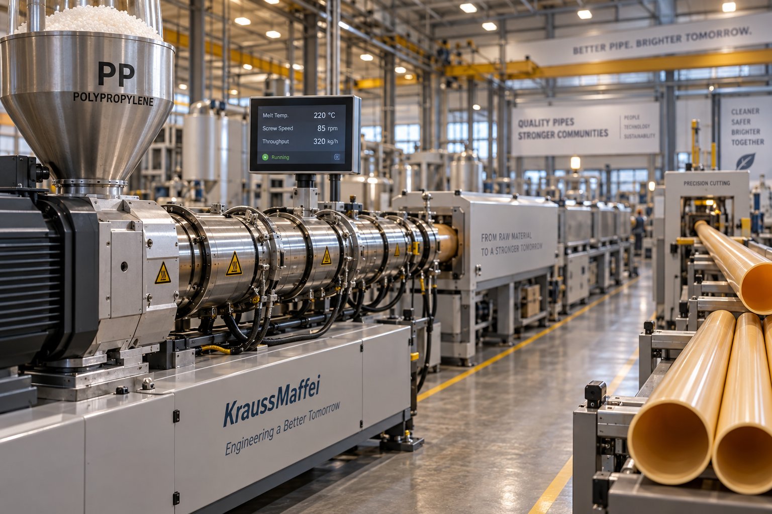 a complete pp pipe extruder machine production line converting polypropylene resin into finished pipes through coordinated extrusion sizing and cooling stages