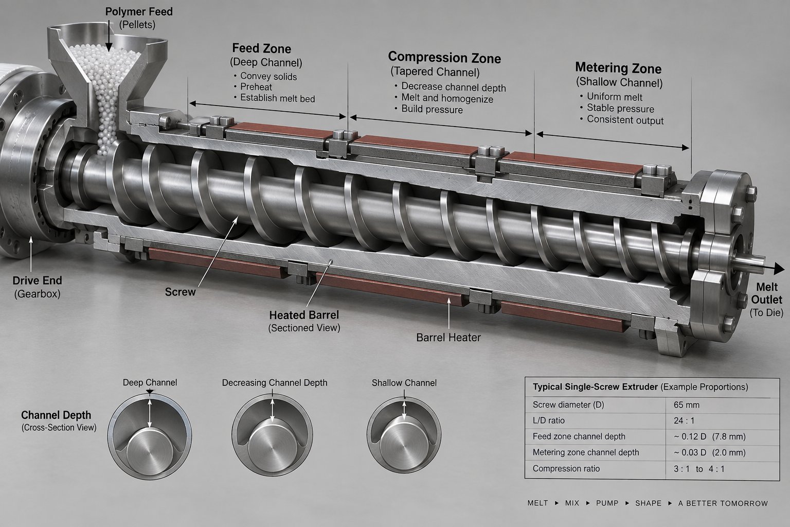 cutaway view of a single screw extruder showing feed compression and metering zones with varying channel depths