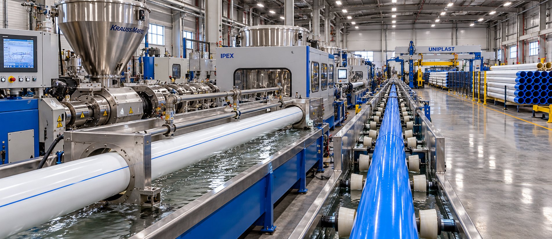 complete hdpe pipe making machine production line from extruder to pipe stacking station