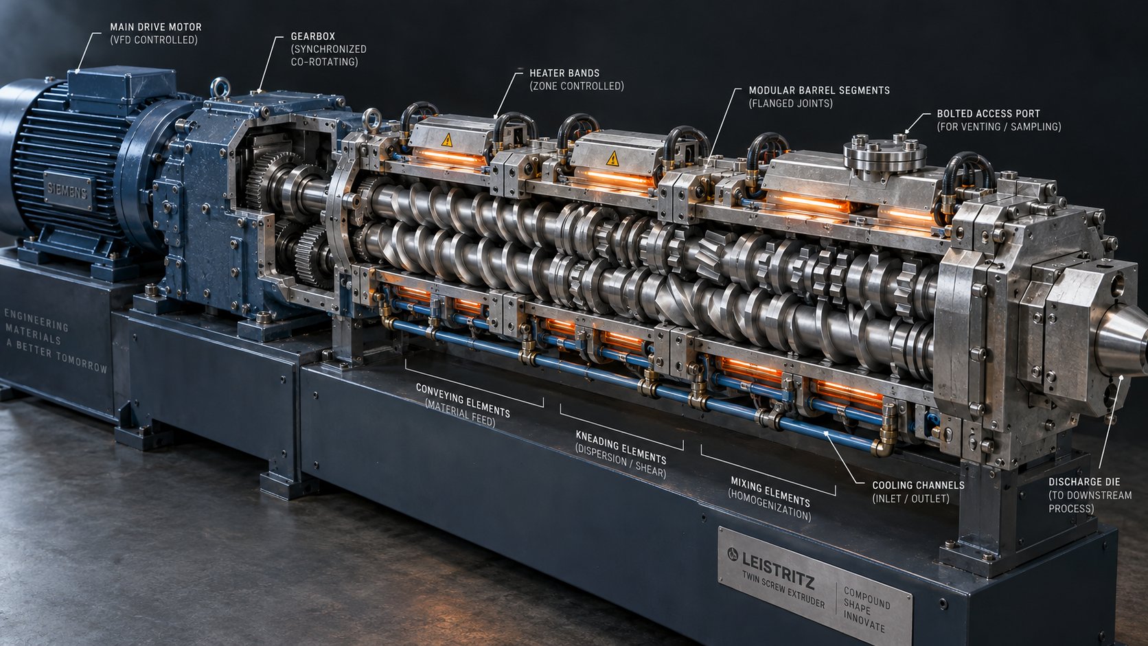 modular anatomy of a co rotating twin screw extruder showing barrel segments intermeshing screw elements and drive components