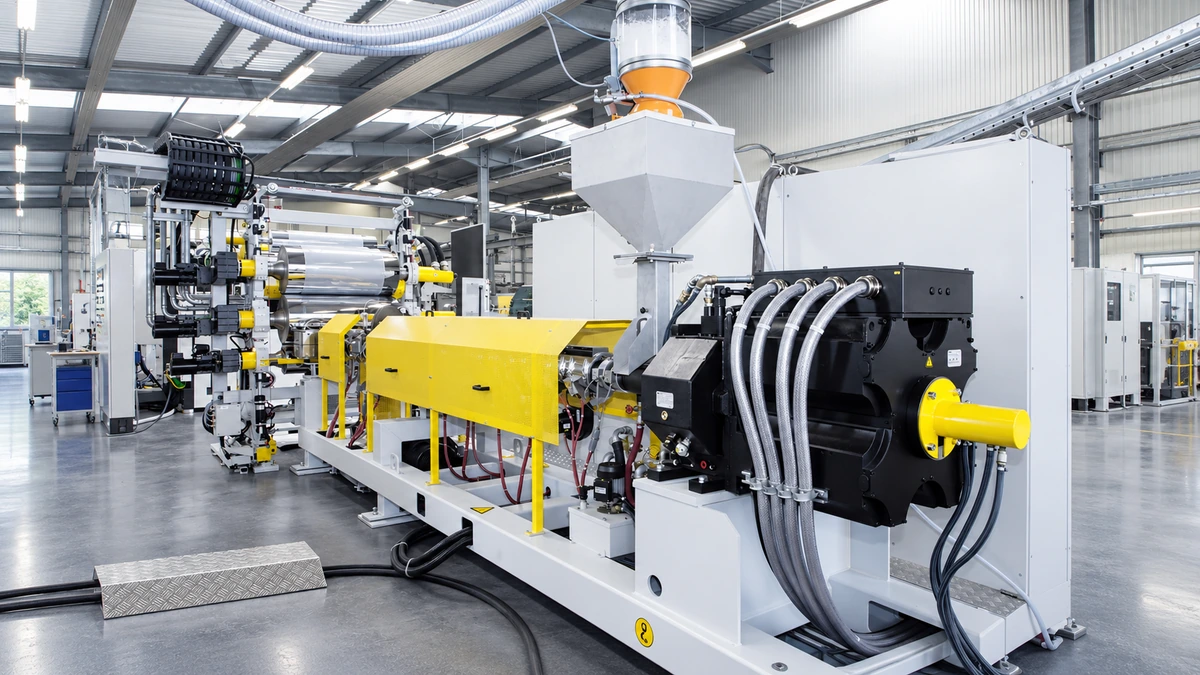 White-and-yellow extrusion unit with a feed hopper and black front assembly connected to several hoses.