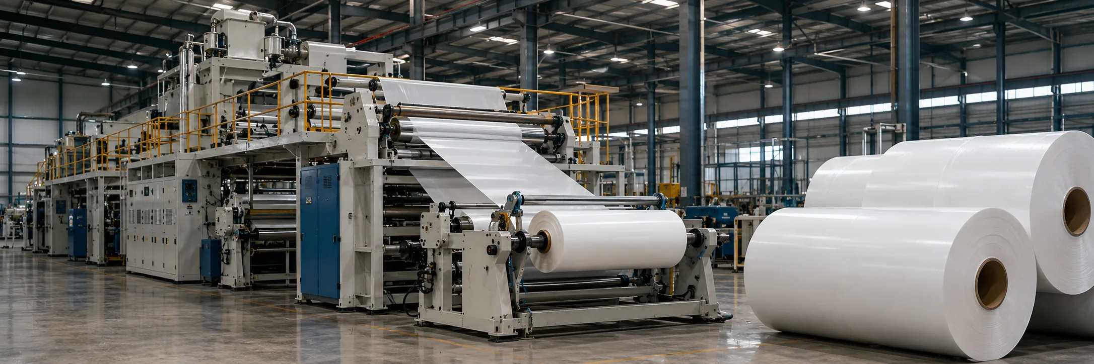 Plastic sheet and film extrusion production line with finished white film rolls