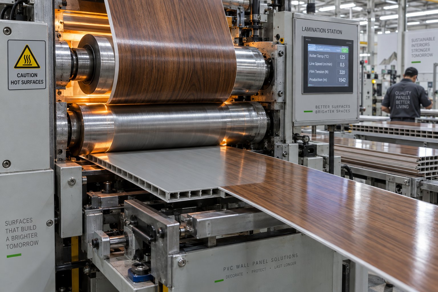 inline lamination process applying decorative film onto extruded pvc wall panels for finished surface quality