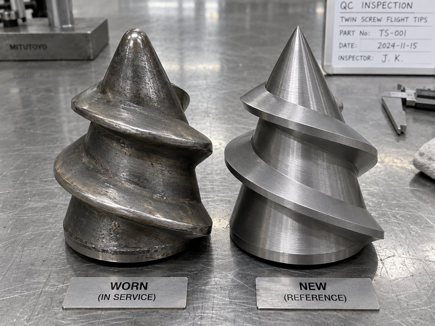 worn versus new conical screw flight tips showing abrasive erosion at the metering zone