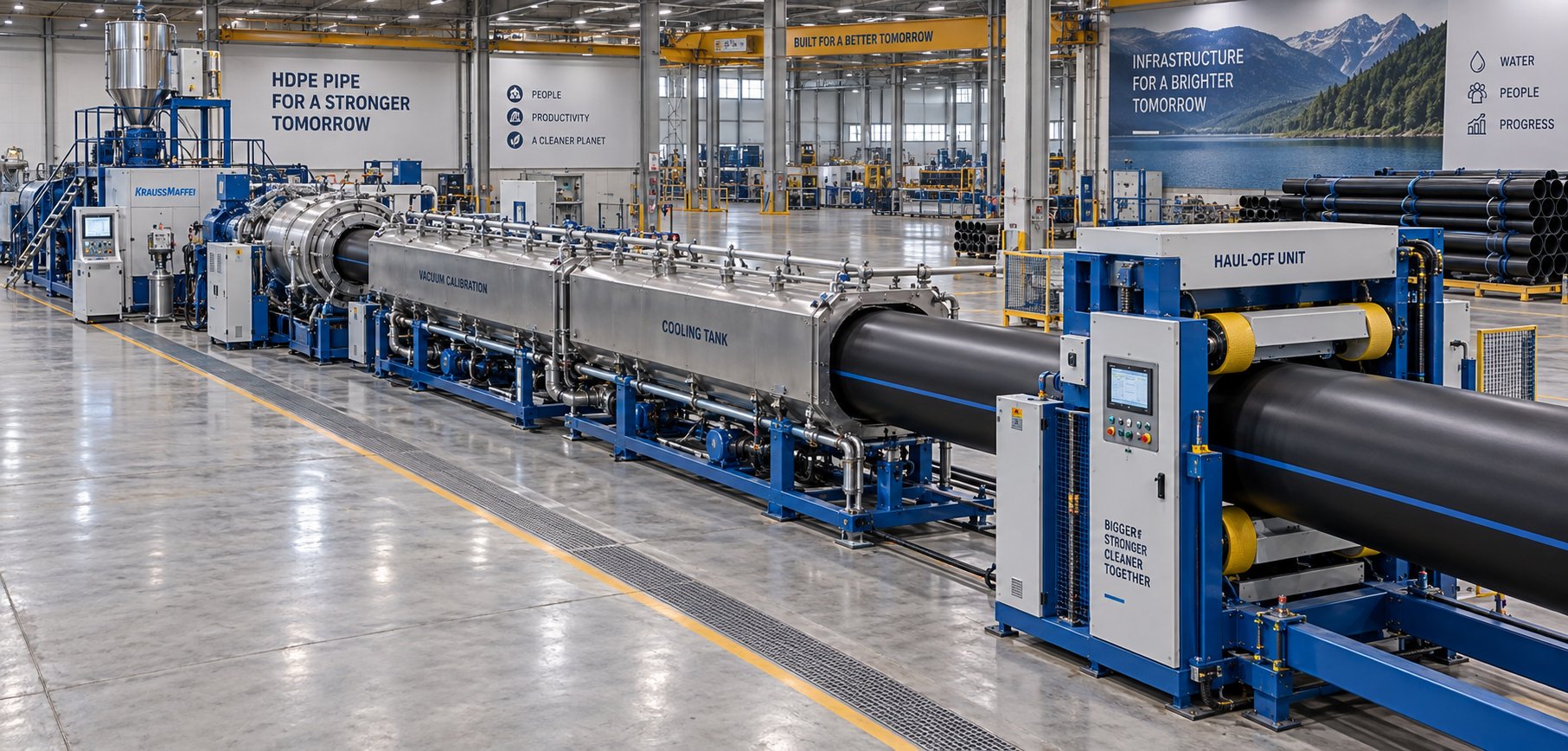 a complete hdpe pipe extrusion line showing the continuous production flow from extruder to finished pipe