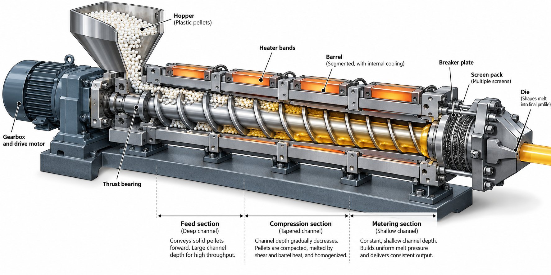 cutaway view of a plastic extruder showing the screw zones barrel heater bands and die assembly