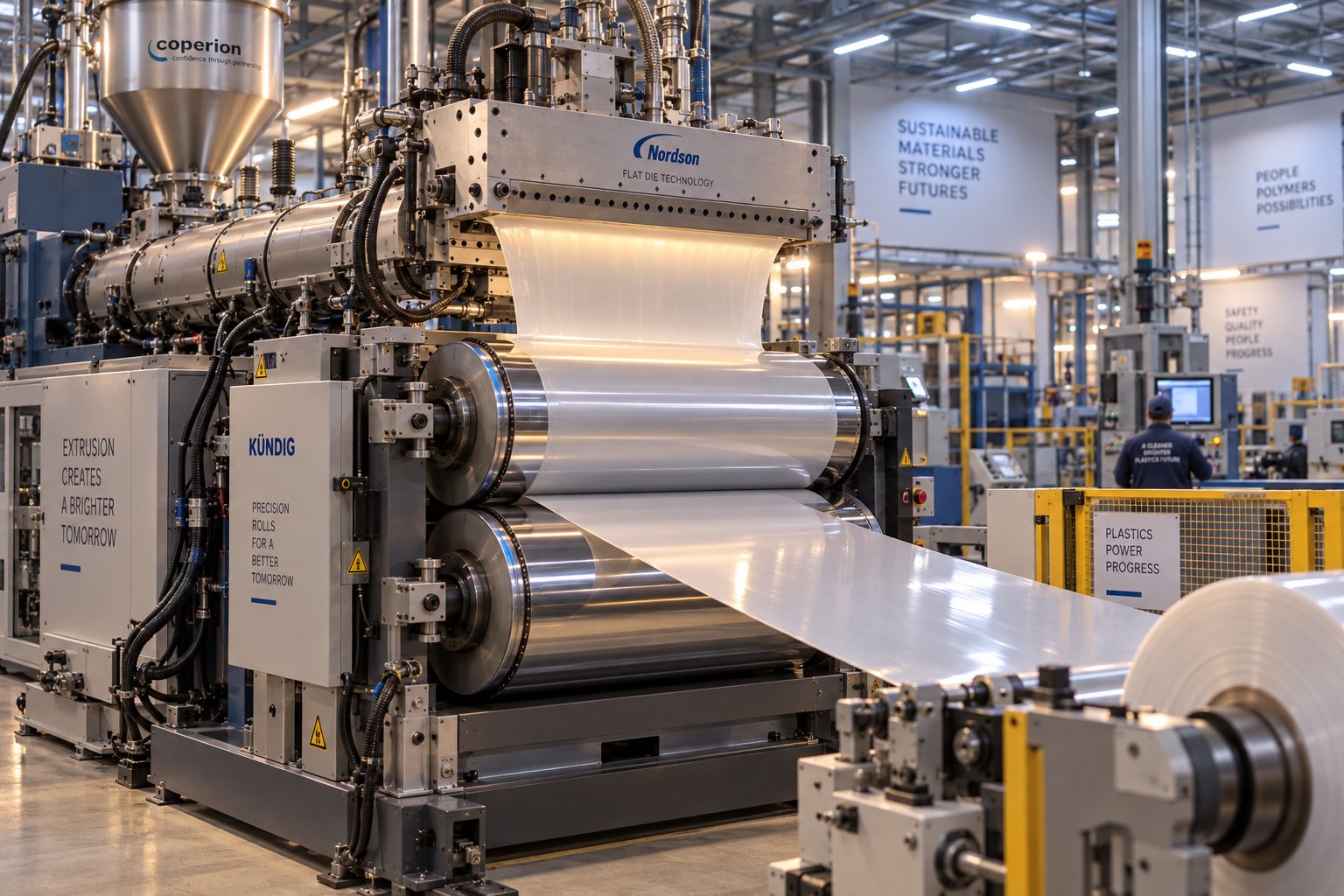 a complete sheet extrusion line converting molten polymer into finished flat sheet through a chill roll polishing stack