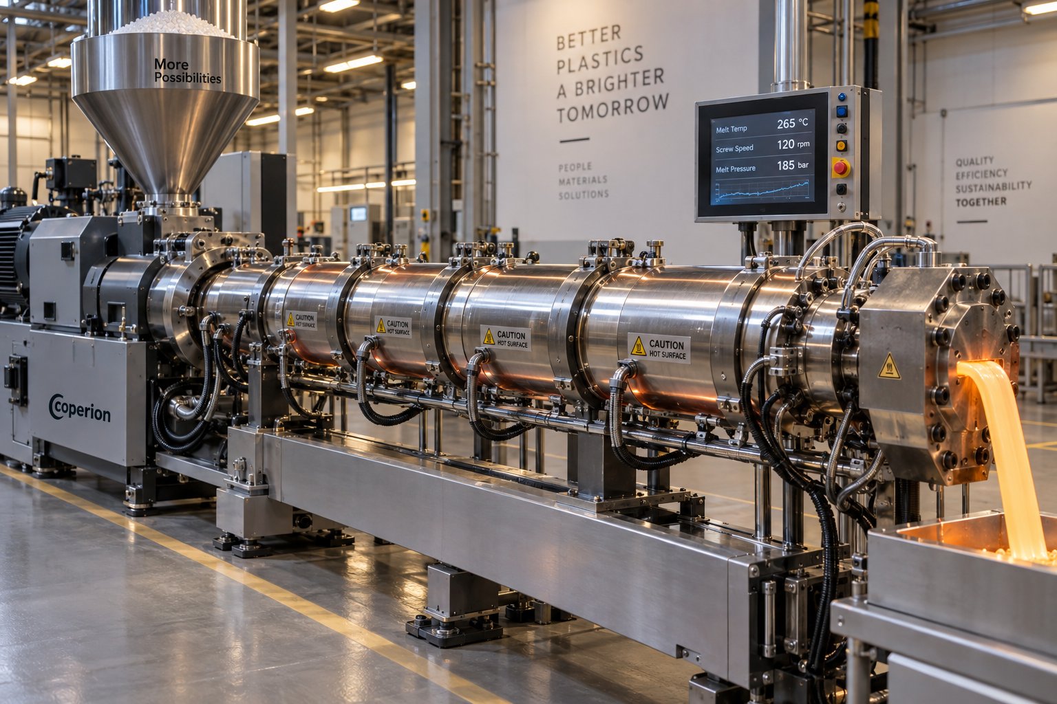 a single screw extruder in a plastics production facility showing the barrel heater bands hopper and die assembly