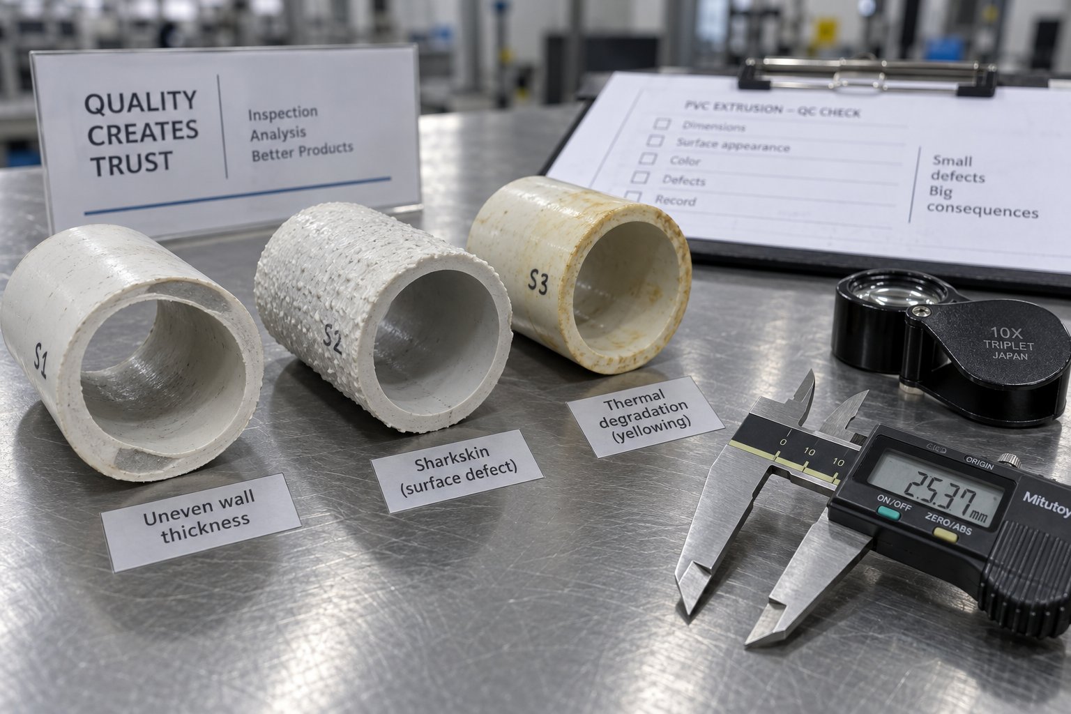 common pvc pipe extrusion defects including wall thickness variation surface roughness and discoloration