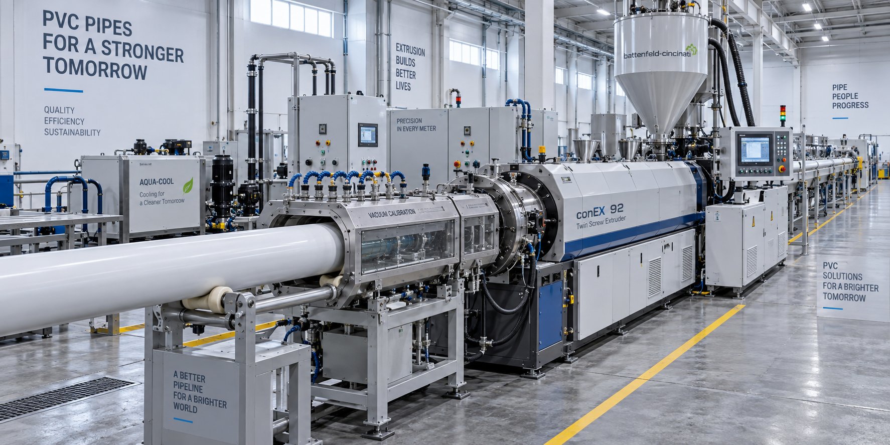 pvc pipe extrusion line powered by a conical twin screw extruder