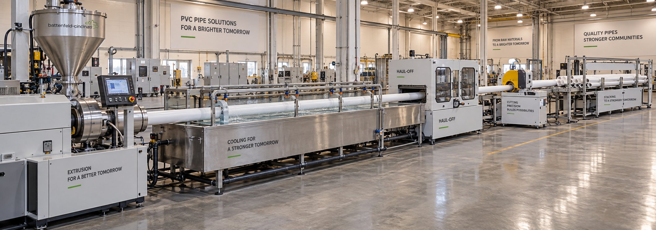 a full pvc pipe production line layout from extruder through cooling tanks haul off unit and cutting station