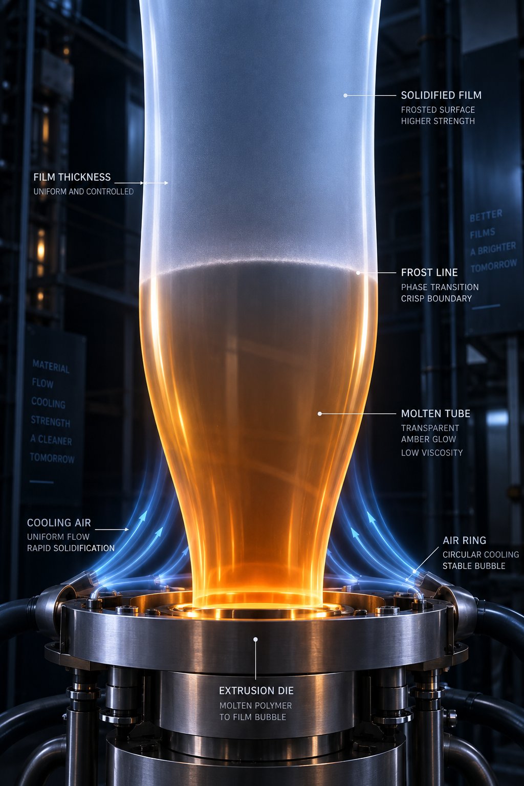 the frost line marks where molten polymer solidifies into film a critical control point in the blown film extrusion process