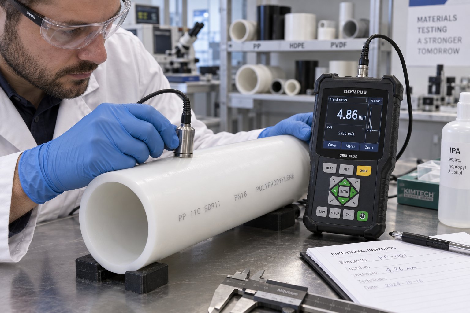 quality control inspection of pp pipe wall thickness using an ultrasonic gauge to verify dimensional compliance with industry standards