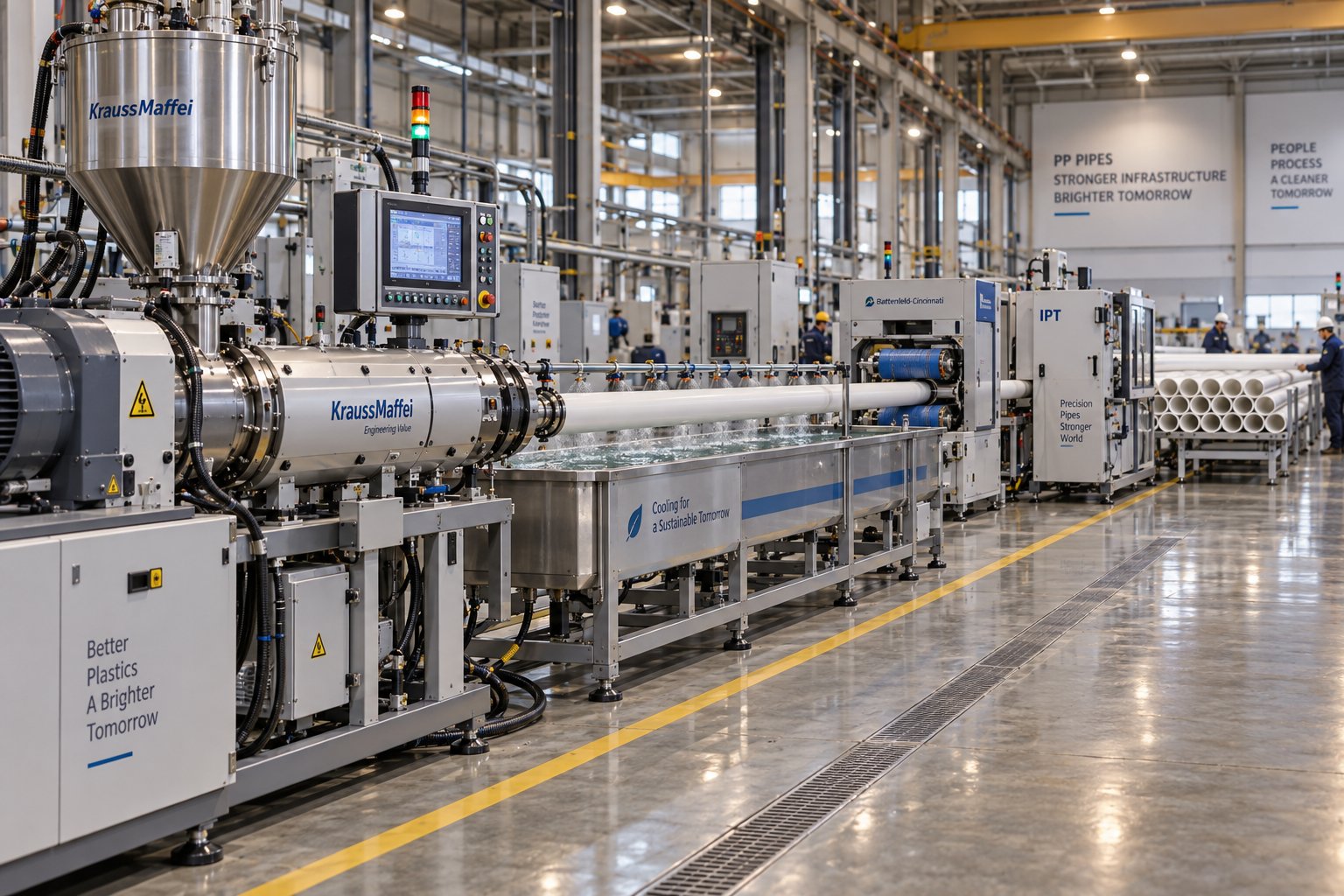 a complete pp pipe extrusion machine line from extruder to finished pipe stacking