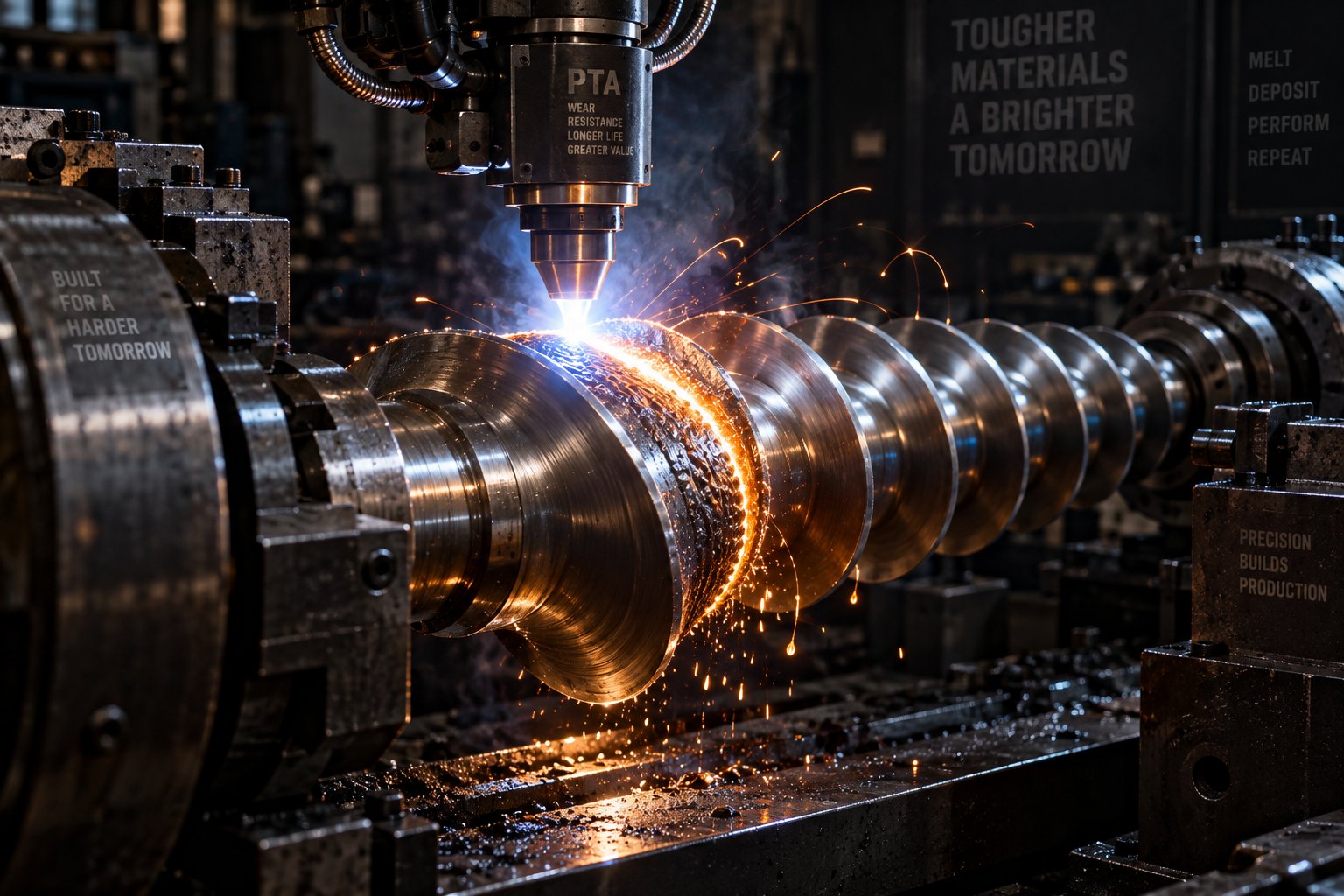 plasma transferred arc welding deposits wear resistant alloy onto extruder screw flights during the rebuild process
