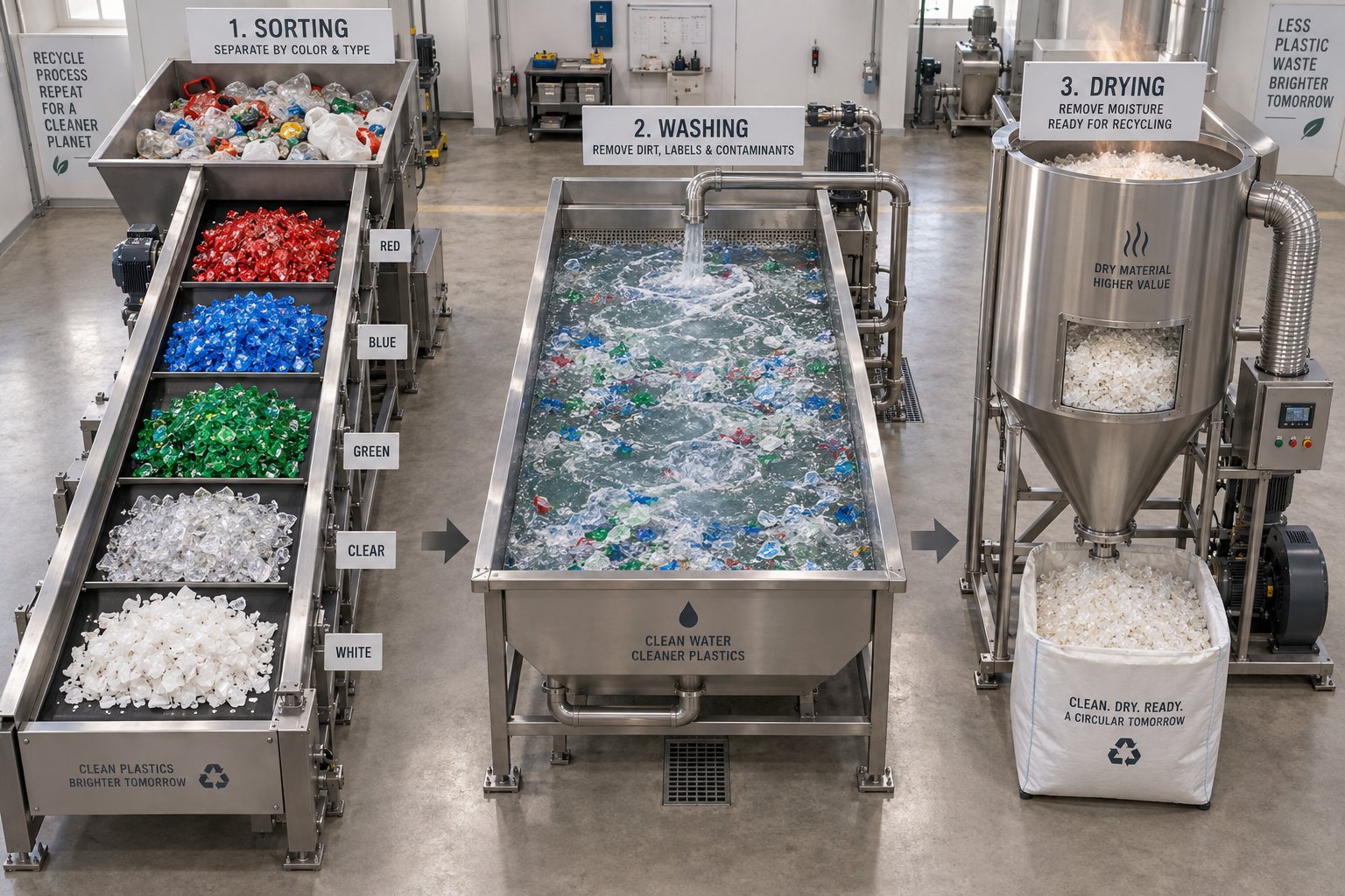 pre processing stages including sorting washing and drying prepare plastic waste for consistent extrusion quality