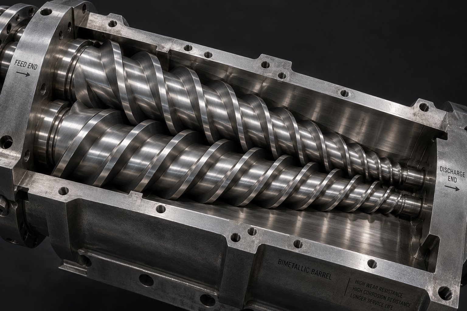 conical twin screw barrel assembly showing the tapered screw geometry used in rigid pvc pipe extrusion