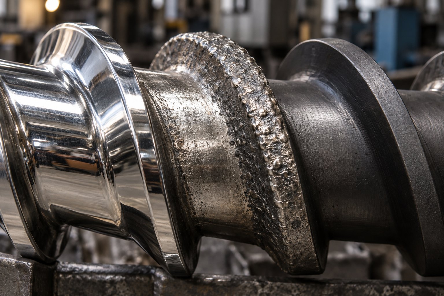 close up comparison of surface treatments on extruder screw flights including chrome plating hardfacing and nitriding