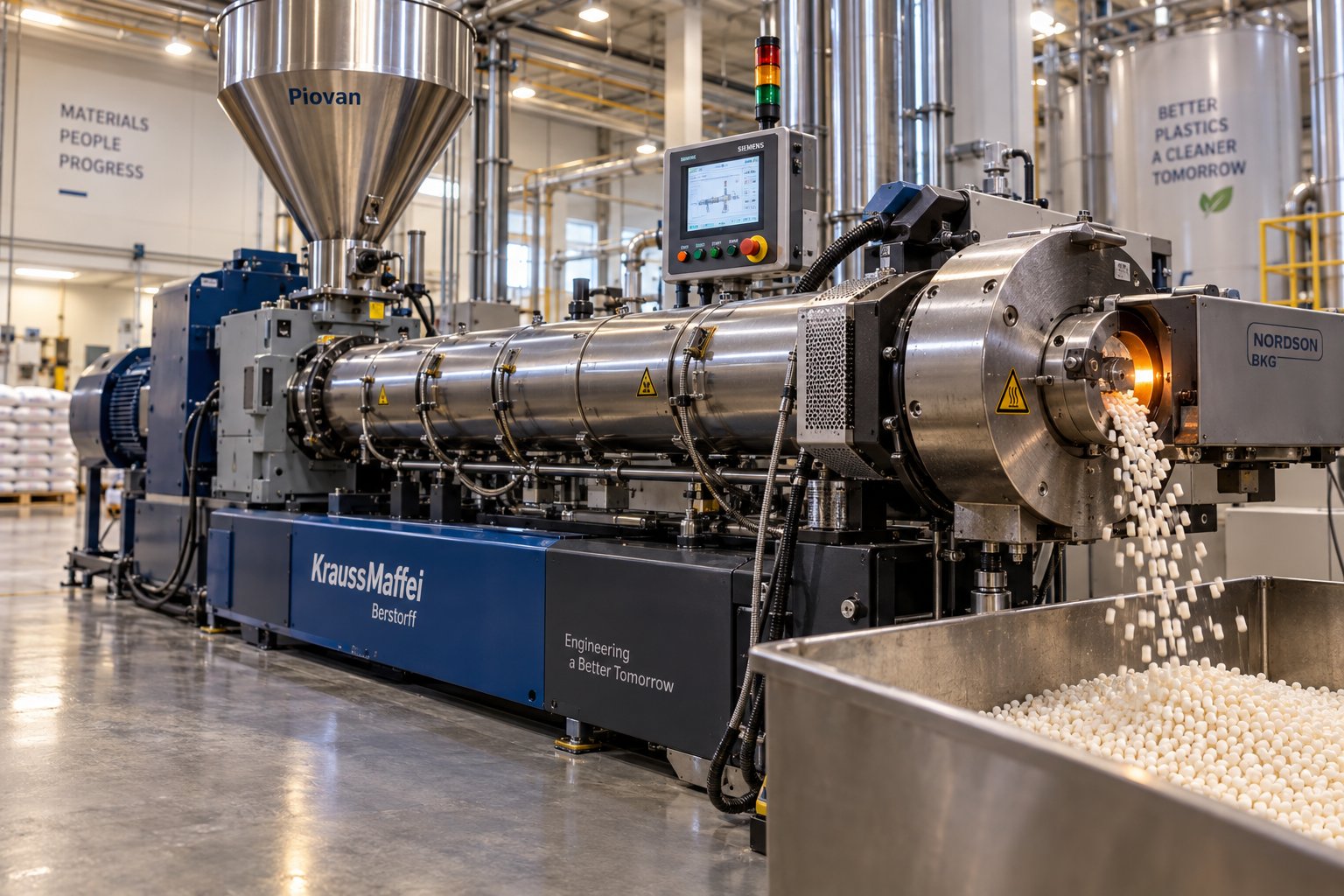 a single screw extruder producing uniform plastic pellets on a production scale pelletizing line