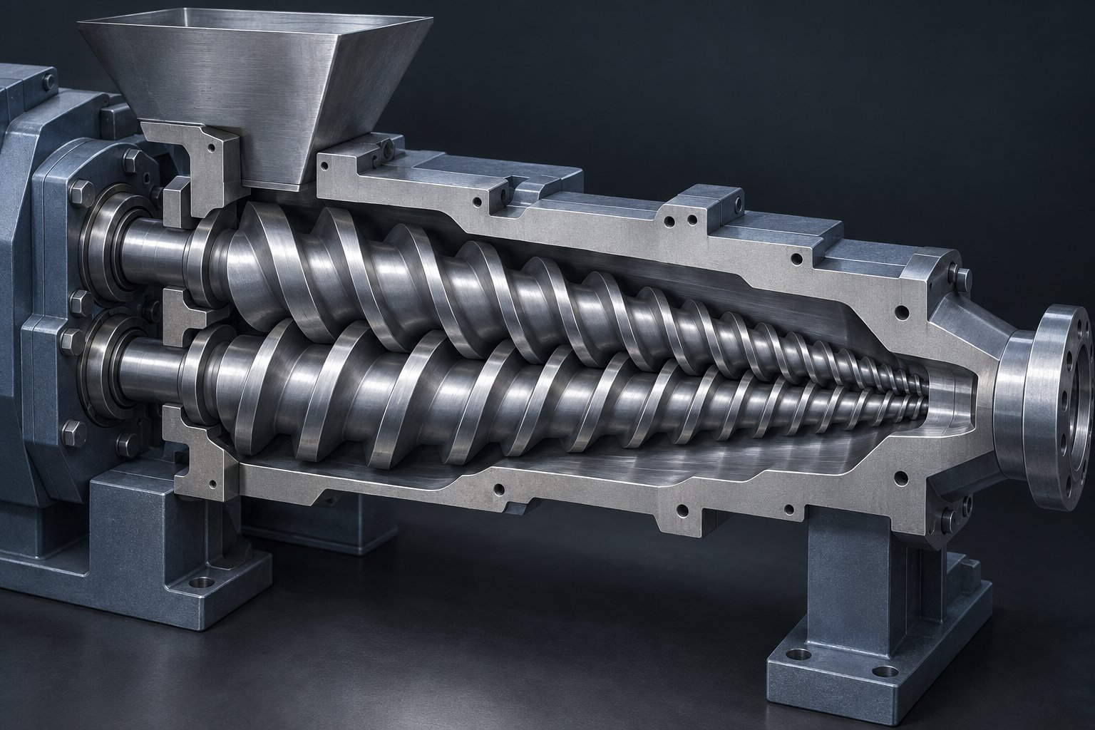 cutaway view of a conical twin screw extruder showing the tapered intermeshing screw geometry used in rigid pvc pipe production