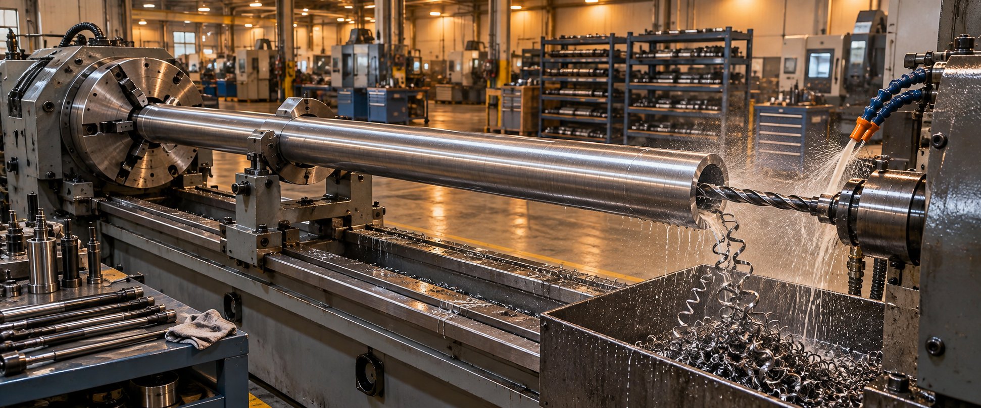 deep hole boring operation shaping the internal bore of an extruder barrel blank