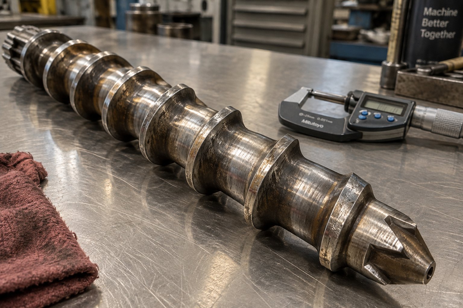 worn extruder screw removed for dimensional inspection and wear assessment during scheduled maintenance