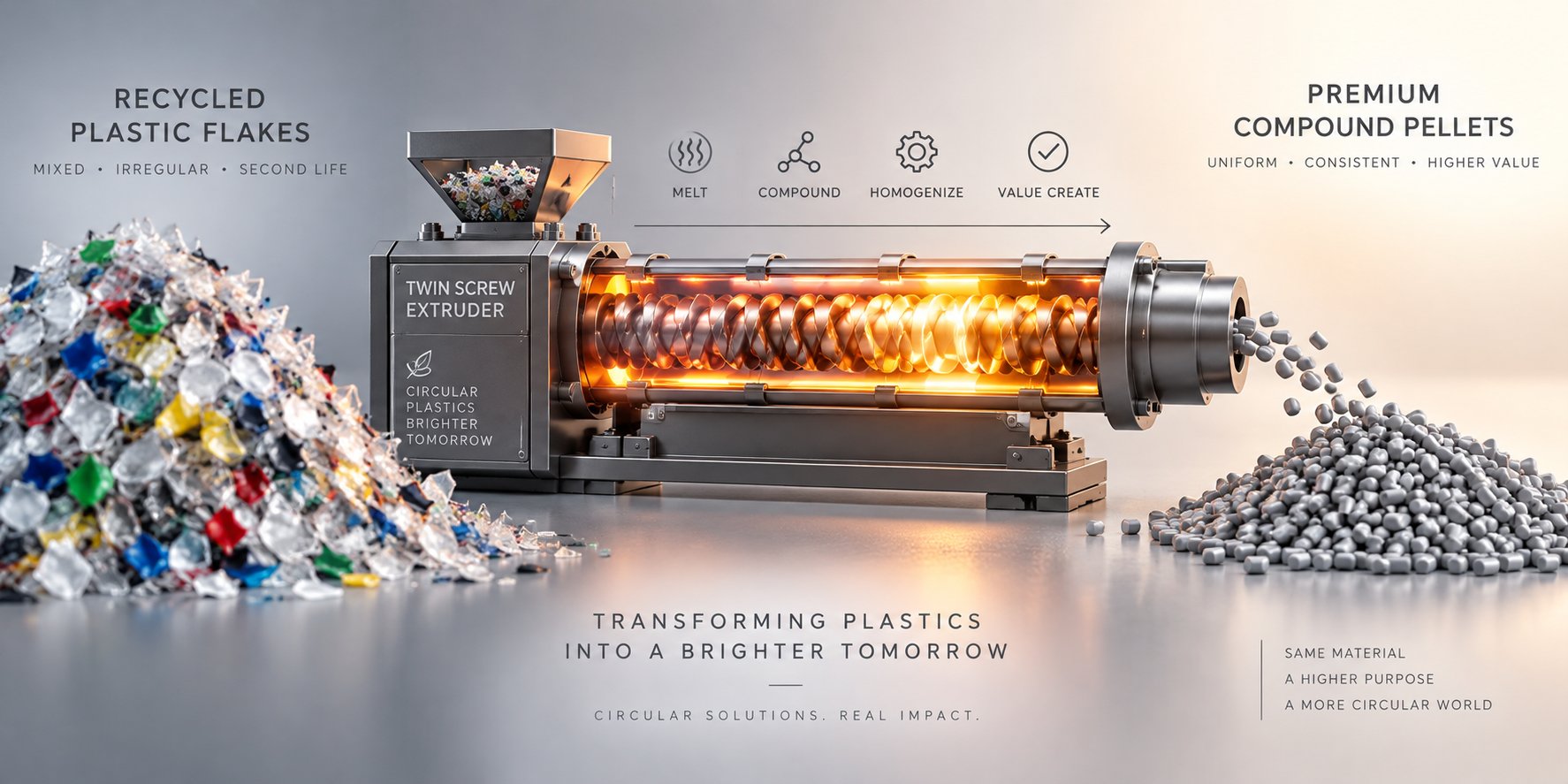 twin screw compounding transforms low value recycled plastic flake into specification grade pellets through additive integration