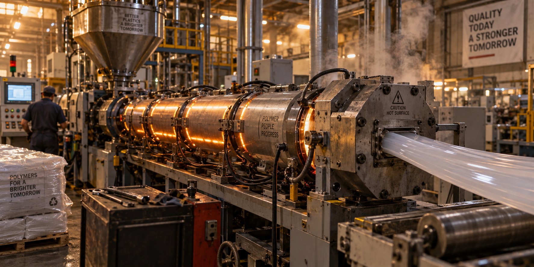active extrusion line showing a barrel configured with multiple heating zones for precise melt temperature control