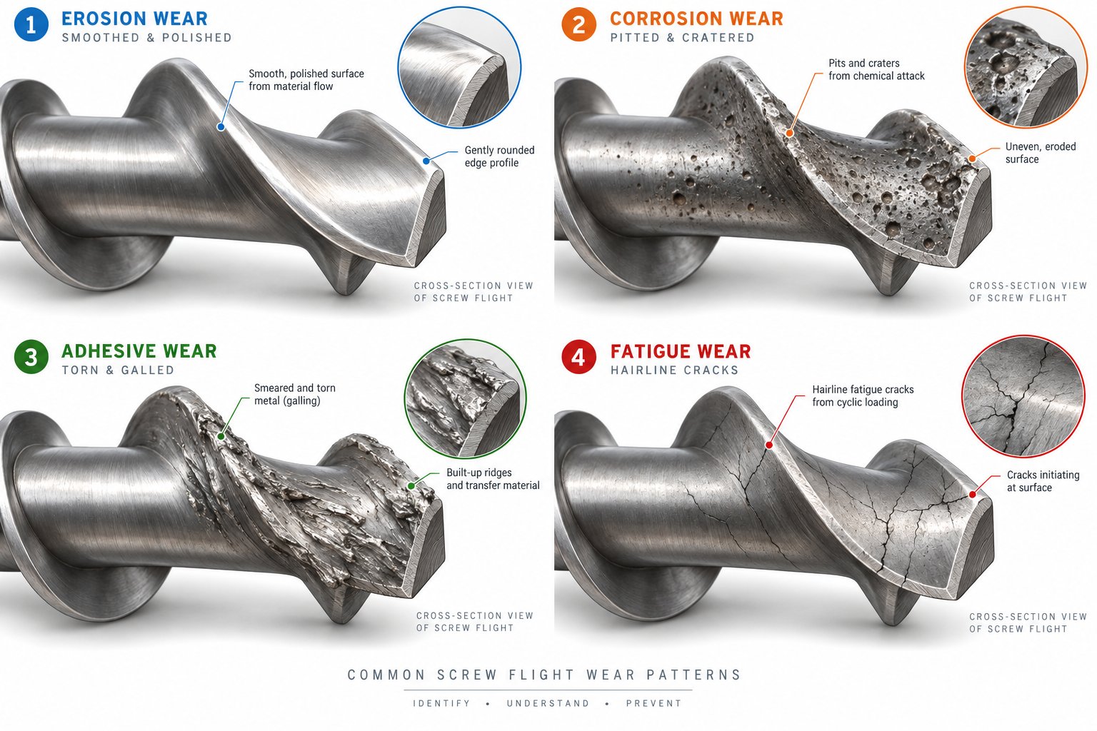 four distinct screw wear patterns abrasive corrosive adhesive and fatigue