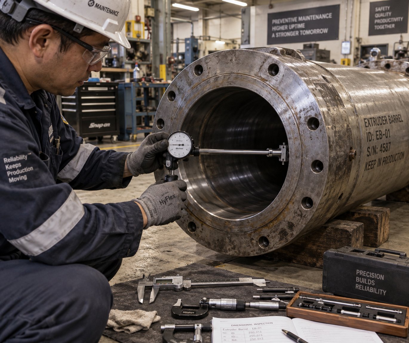 measuring barrel bore diameter with a gauge to monitor screw barrel wear over time