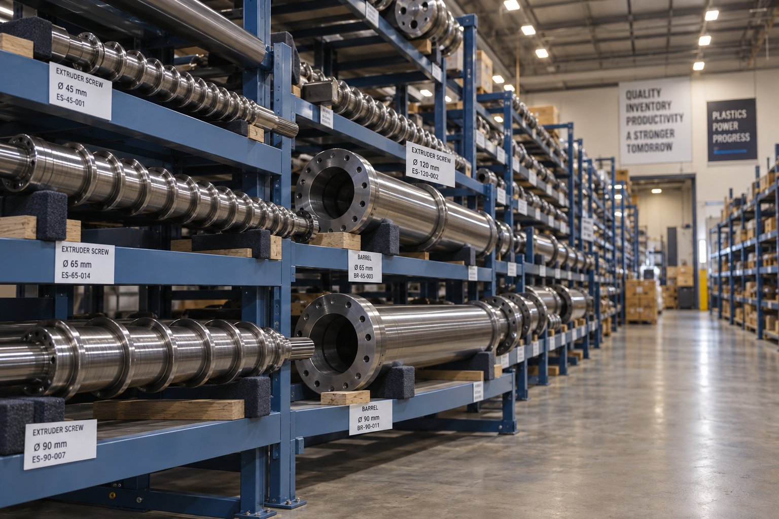 organized inventory of extruder screws and barrels at a supplier warehouse ready for shipment