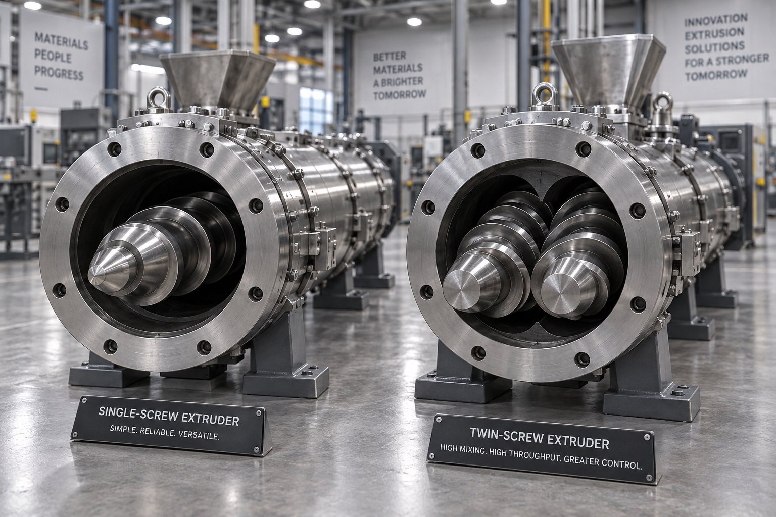 single screw and twin screw extruder barrel assemblies compared side by side in a manufacturing setting