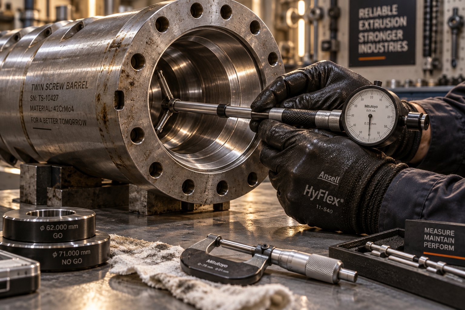 a technician measuring conical barrel bore diameter with precision gauges %E2%80%94 a critical step in tracking wear and planning timely replacement
