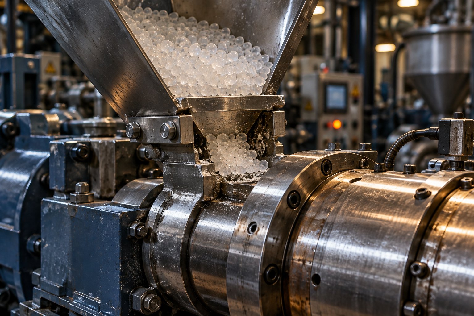 feed zone of an industrial extruder where polymer pellets enter the screw channel the critical area where feeding instability originates